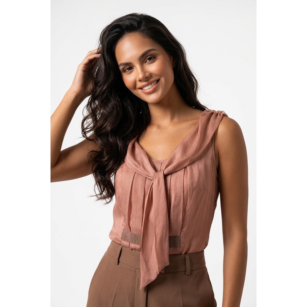 Vera Wang Lavender Label Silk Sleeveless Tie Neck Pleated Blouse Dusty Rose 10‎